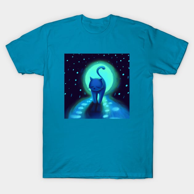 Blue Cat Takes a Cool Stroll in the Moonlight T-Shirt by Star Scrunch